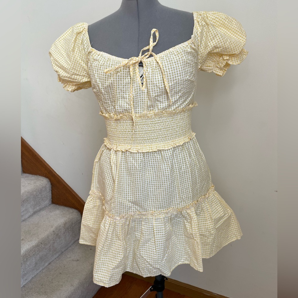 Yellow Gingham Puff Sleeve milkmaid cottage core Dress